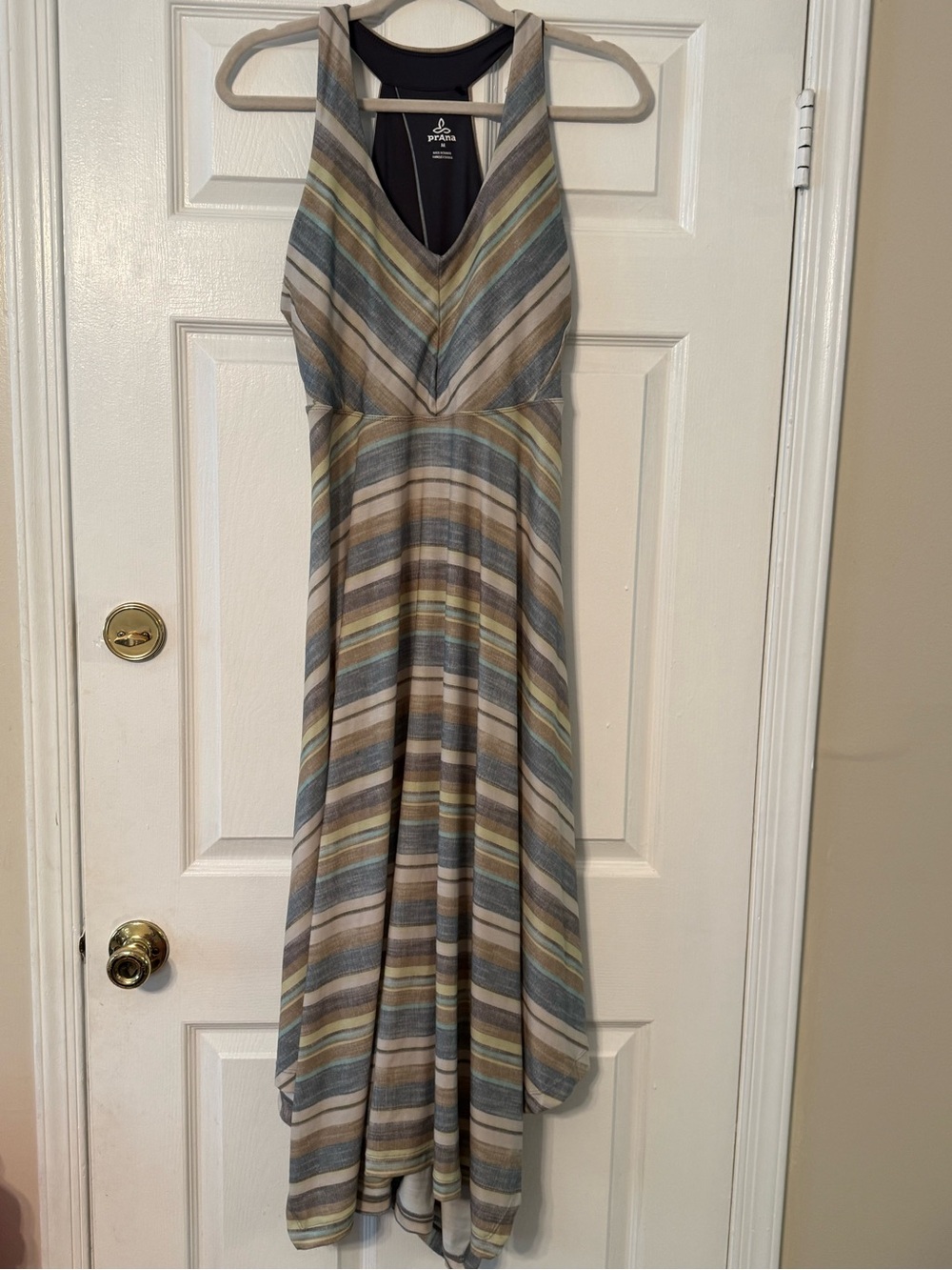Prana Striped Halter High-Low Dress in Blue, Cream, Gray and Green
